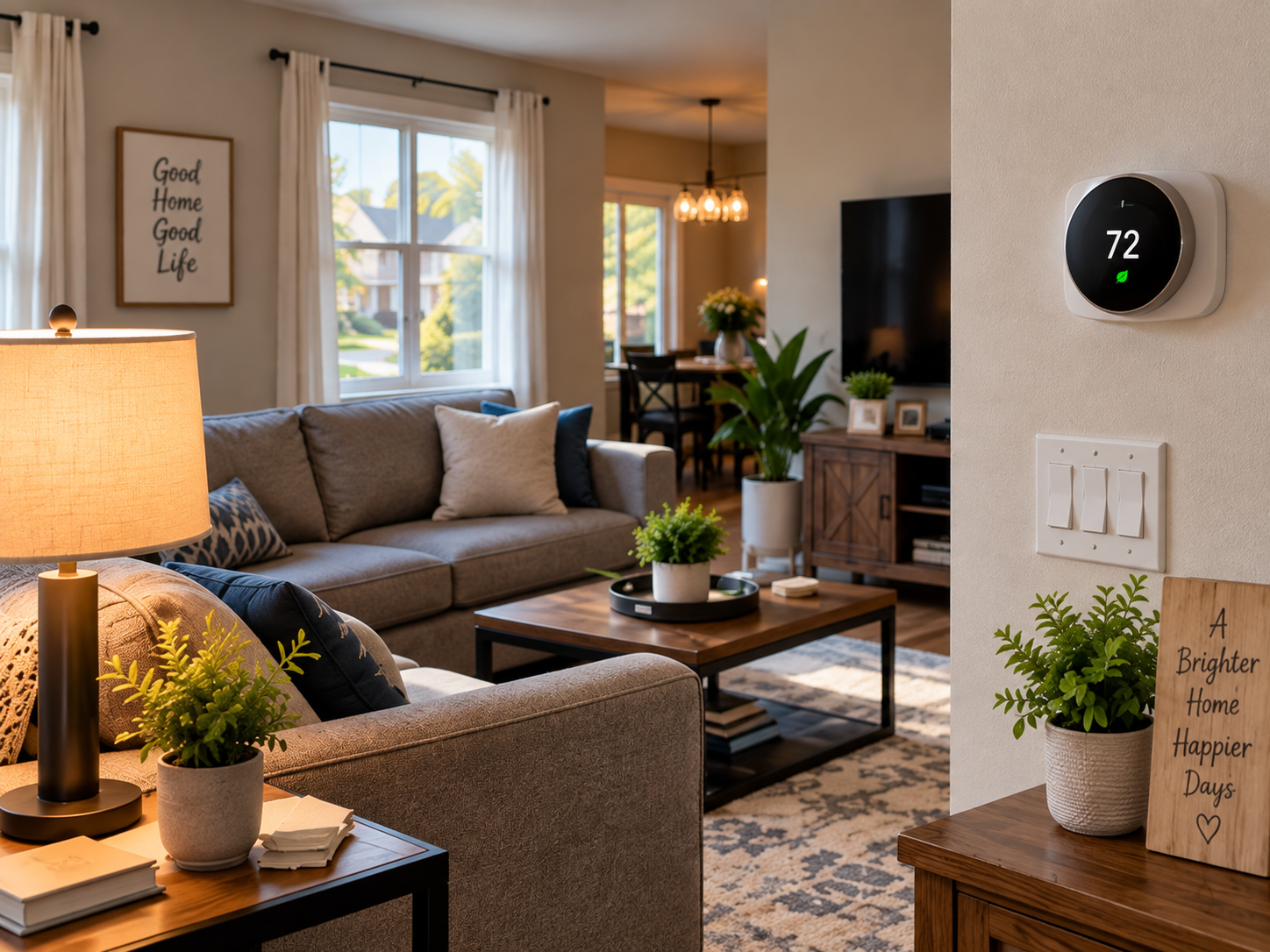 Energy-efficient home with a smart thermostat and comfortable living room