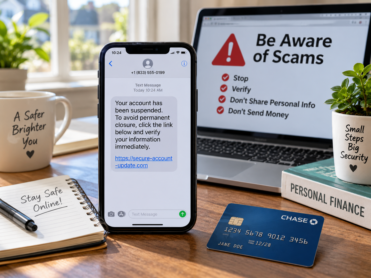 Smartphone showing a suspicious message next to a laptop and credit card