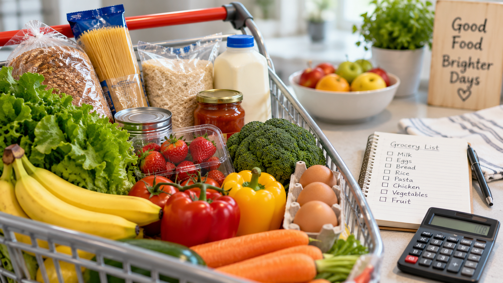 Grocery shopping with fresh food and a shopping list