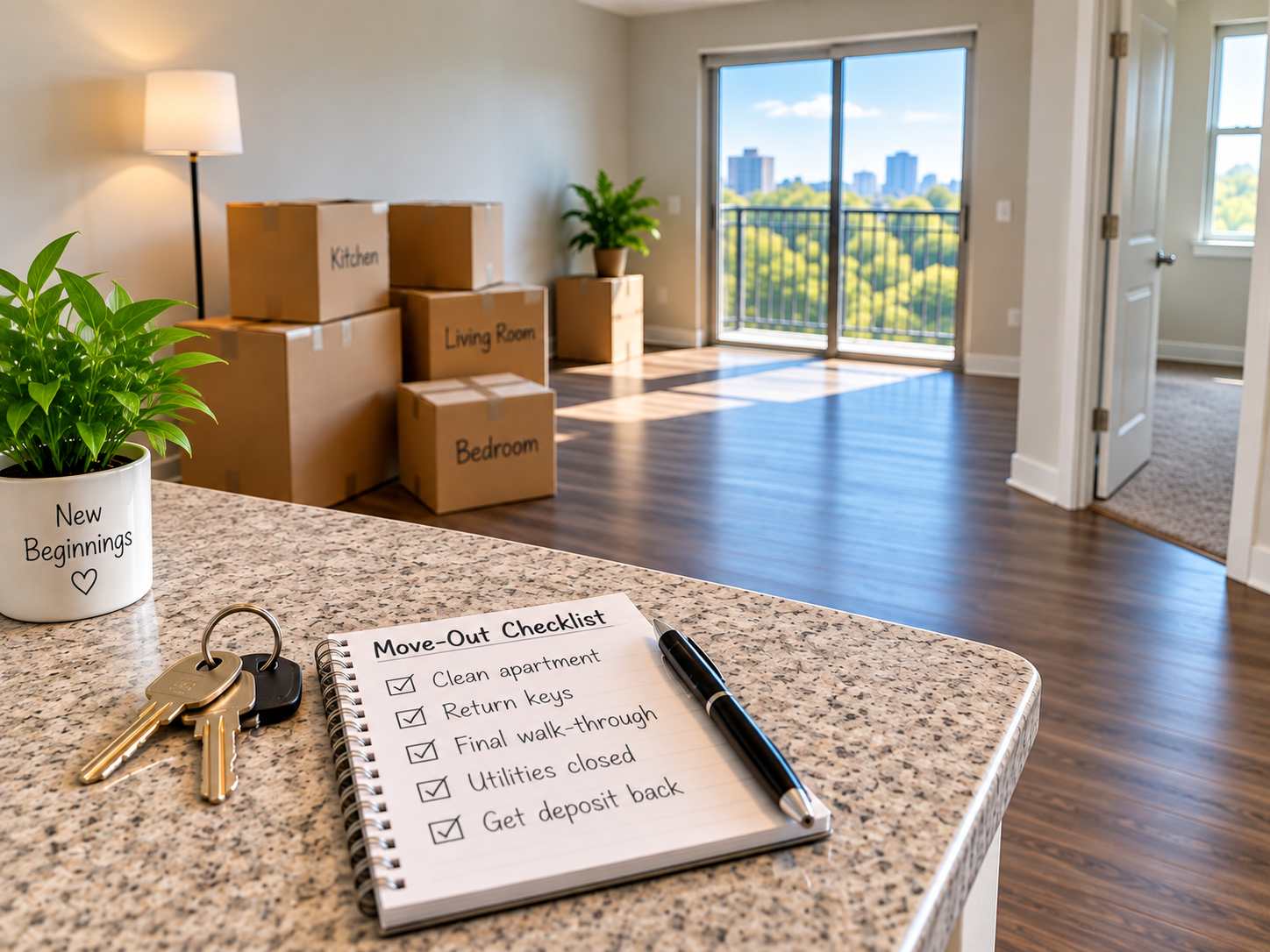 Empty apartment with moving boxes, keys, and a move-out checklist
